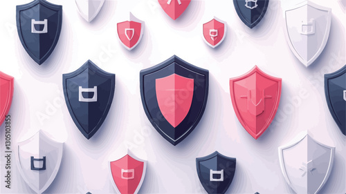 The image features a repeating pattern of stylized, three-dimensional shields in varying sizes and shades of pink, dark blue, and white against a white background.  The shields are arranged