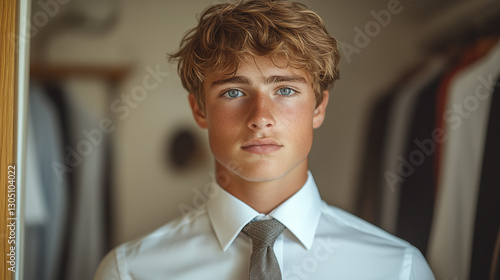 Portrait of a handsome young man in shirt and tie at home photo