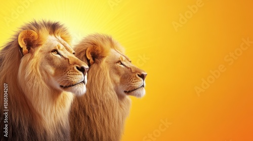 Two majestic lions, golden fur, side profile, against a warm yellow sunburst background. Strong, regal, and powerful.