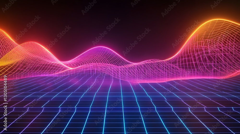 Fototapeta premium Neon Colored Grid and Wireframe Shapes on a Black Background