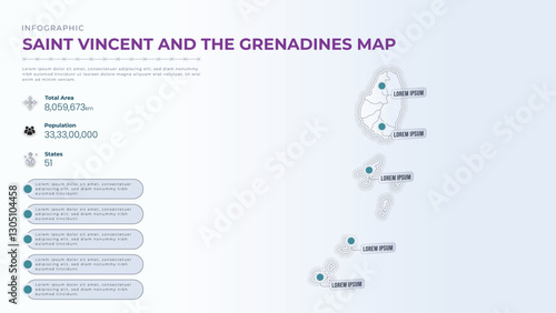 Total Area, Papulation, States & More Detailed Infographic Map of Saint Vincent and the Grenadines. Saint Vincent and the Grenadines country map infographic colored vector template with regions