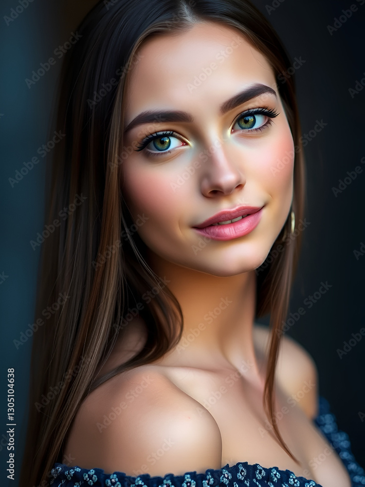 Obraz premium Portrait of Beautiful young woman with long straight brown hair.