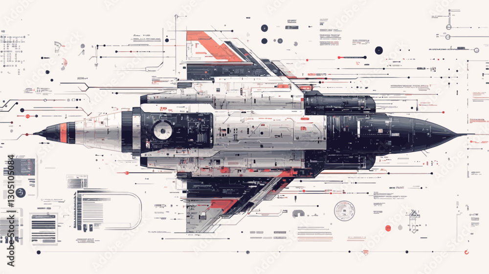 Naklejka premium The image is a stylized vector illustration of a jet fighter. The aircraft is depicted in a primarily black and dark grey color scheme with red and white accents on the wings. It's