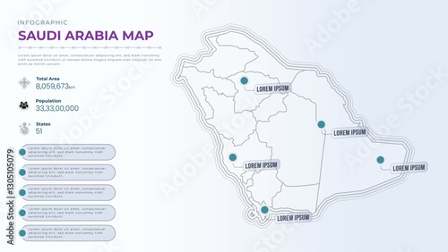 Total Area, Papulation, States & More Detailed Infographic Map of Saudi Arabia. Saudi Arabia country map infographic colored vector template with regions and pointer marks.