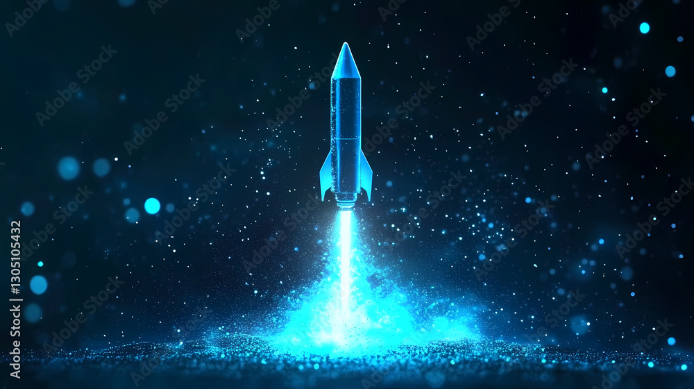 Fototapeta premium Rocket Launch in Starry Night Sky with Bright Flames