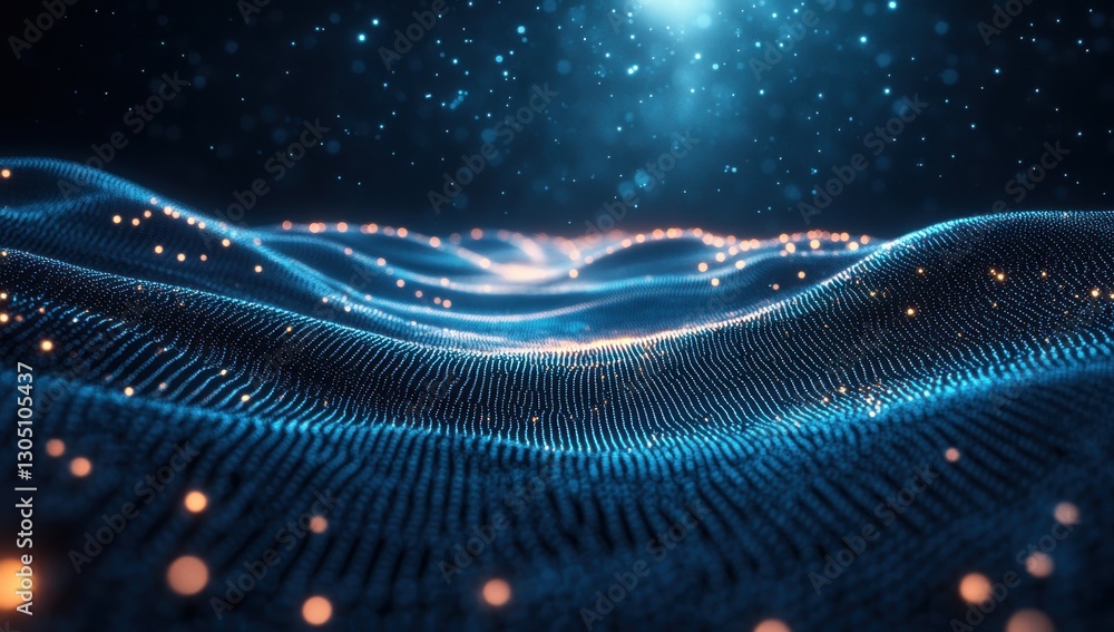 Fototapeta premium Abstract Digital Landscape with Flowing Waves of Light Particles and Starry Night Sky for Technology and Innovation Concepts