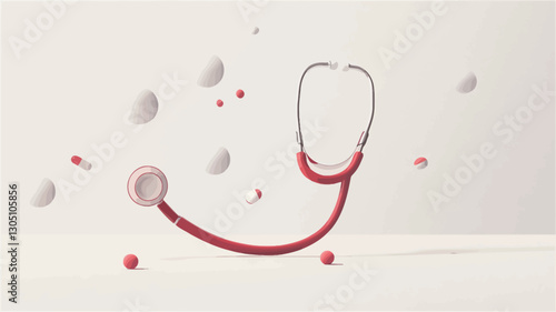 A 3D rendering of a red stethoscope positioned on a white surface.  Small white and red spheres and dots are dispersed around the stethoscope, appearing to float in space. The background is