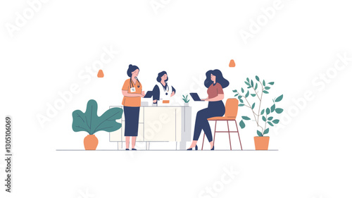 A digital illustration depicting three women in a cafe setting. Two women are standing near a round table, one appears to be holding a cup. A third woman sits at the table using a tablet.