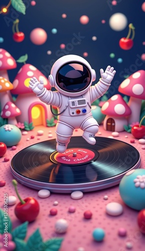 Astronaut Dancing on Vinyl Record in Colorful Fantasy Landscape