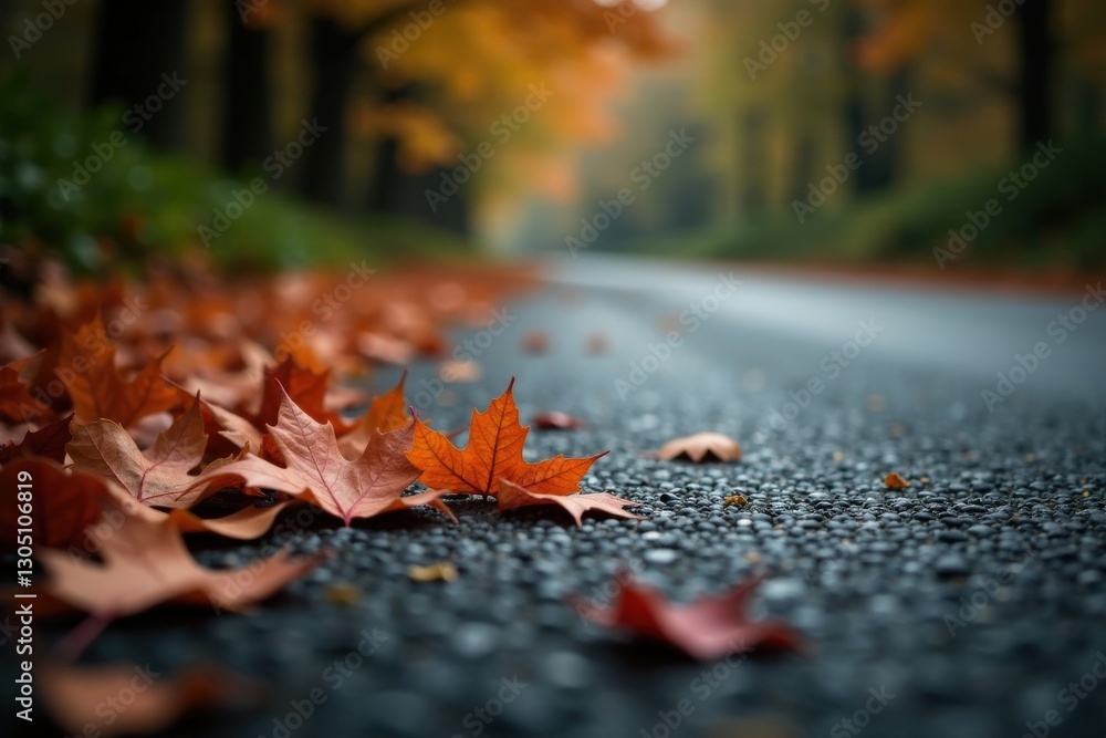 Autumnal Roadway Fallen Maple Leaves on a Dark Asphalt Path, Blurred Background of Colorful Trees Autumnal Roadway Fallen Maple Leaves on a Dark Asphalt Path, Blurred Background of Colorful Trees