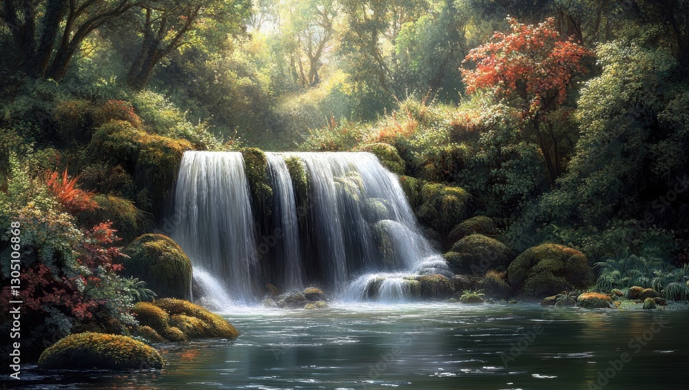 Obraz premium Serene Waterfall Cascading Through Lush Green Forest Surroundings with Sunlight Filtering Through Dense Canopy