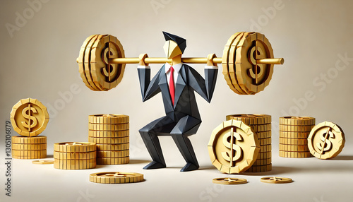 Professional origami businessman lifting barbell made of golden coins with dollar signs, dynamic pose, folded paper design, financial strength, modern office, professional paper art, origami coins, bu