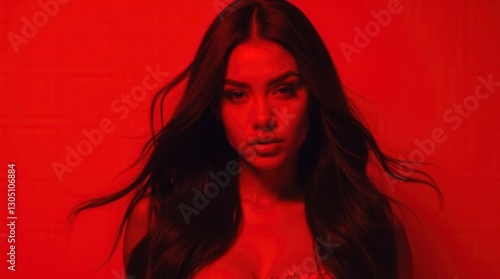 Dramatic Asian Young Woman Portrait in Red Studio Light
