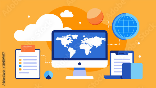 Utilizing cloud storage to securely store and access historical documents from anywhere in the world.. Vector illustration