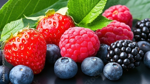 A close up of a variety of berries including blueberries, blackberries, and raspberries