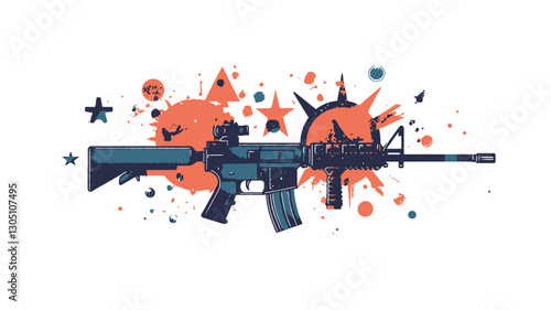 A stylized illustration of an assault rifle depicted in dark blue against a white background. The rifle is surrounded by colorful abstract shapes, including splatters of paint in red,