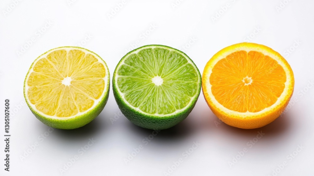 Three slices of citrus fruit, including an orange and a lime, are arranged in a row. The lime slices are green, while the orange slice is orange. Concept of freshness and health Three slices of citrus fruit, including an orange and a lime, are arranged in a row. The lime slices are green, while the orange slice is orange. Concept of freshness and health