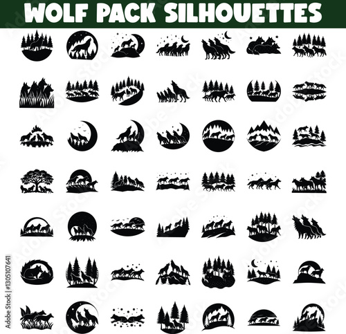Wolf Pack Silhouettes Night, Moon, Forest, Mountains, Nature