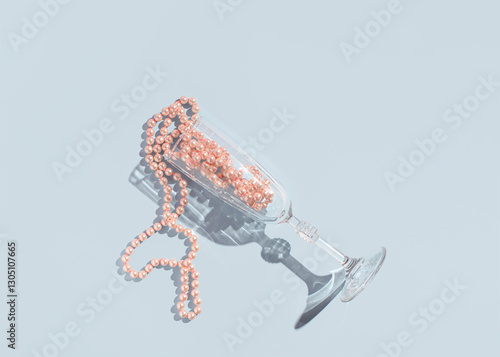 Champagne flute, creative still life with pastel pin pearls, bubbling fizz drink concept, summer refreshment, celebration part idea