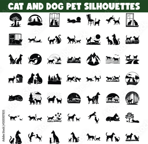 Cat and Dog Pet Silhouettes Various Poses, Scenes, and Activities