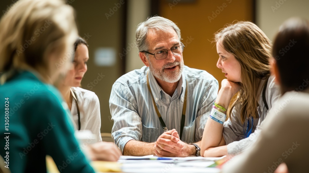Fototapeta premium A seminar leader engaging with participants in a small, collaborative breakout session.