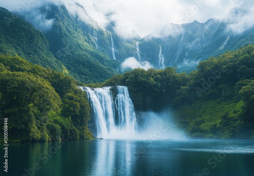 Serene Waterfall Cascading Through Lush Green Valley Surrounded by Majestic Mountains Under Cloudy Sky in a Beautiful Nature Landscape Scene