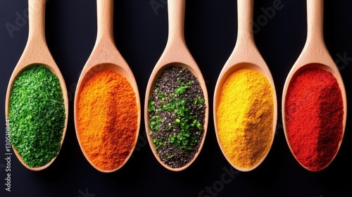 Fototapeta Naklejka Na Ścianę i Meble -  A collection of spices are shown in a row, with each spoonful of spice having a different color. The spices are arranged in a way that they are all visible, and the colors are vibrant and eye-catching