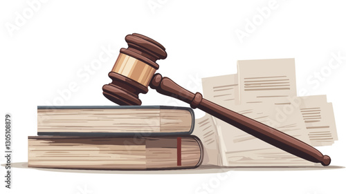 A digital illustration depicting a wooden gavel resting atop a stack of two books.  Several crumpled papers or documents are situated beside the books. The gavel is positioned diagonally