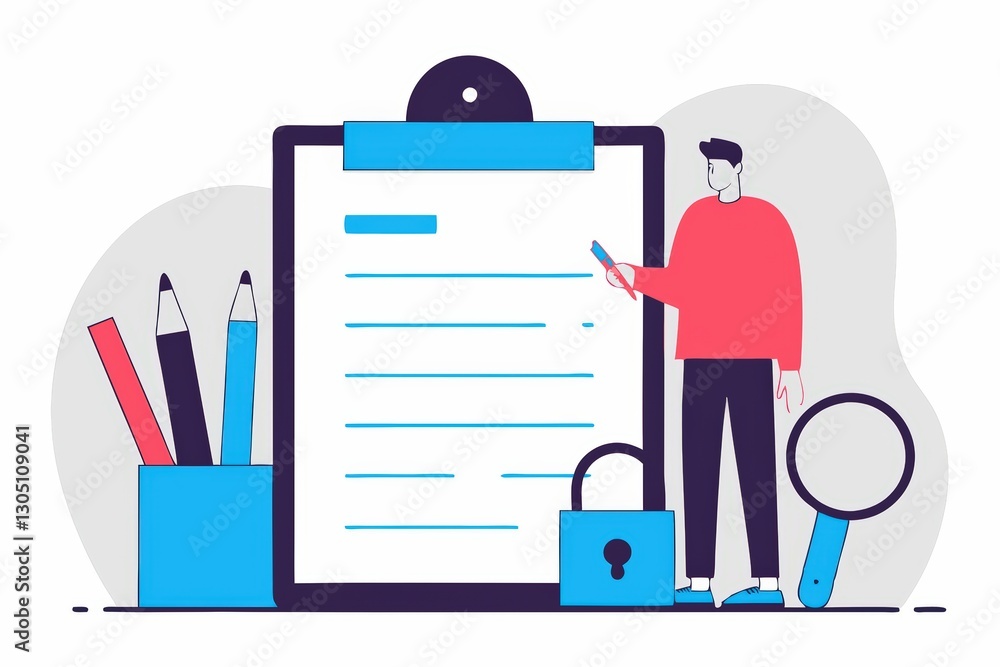 A person stands next to a clipboard with a lock and tools, symbolizing organization and security in data management or documentation. A person stands next to a clipboard with a lock and tools, symbolizing organization and security in data management or documentation.