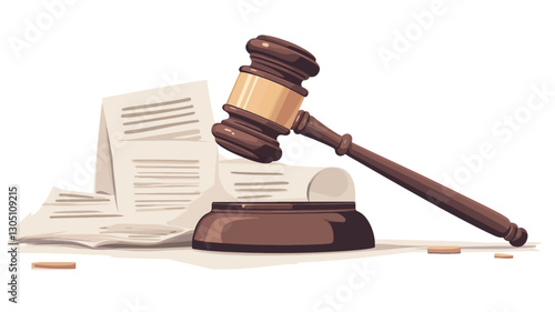 A digital illustration depicting a wooden gavel resting on a sound block, with legal documents arranged around it.  The style is flat, vector-based, with clean lines and a limited color