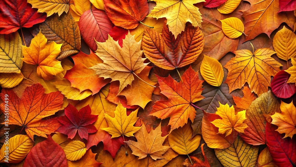 Fototapeta premium A vibrant tapestry of autumn foliage, showcasing a rich spectrum of warm-toned leaves in diverse shapes and sizes, creates a stunning natural composition.