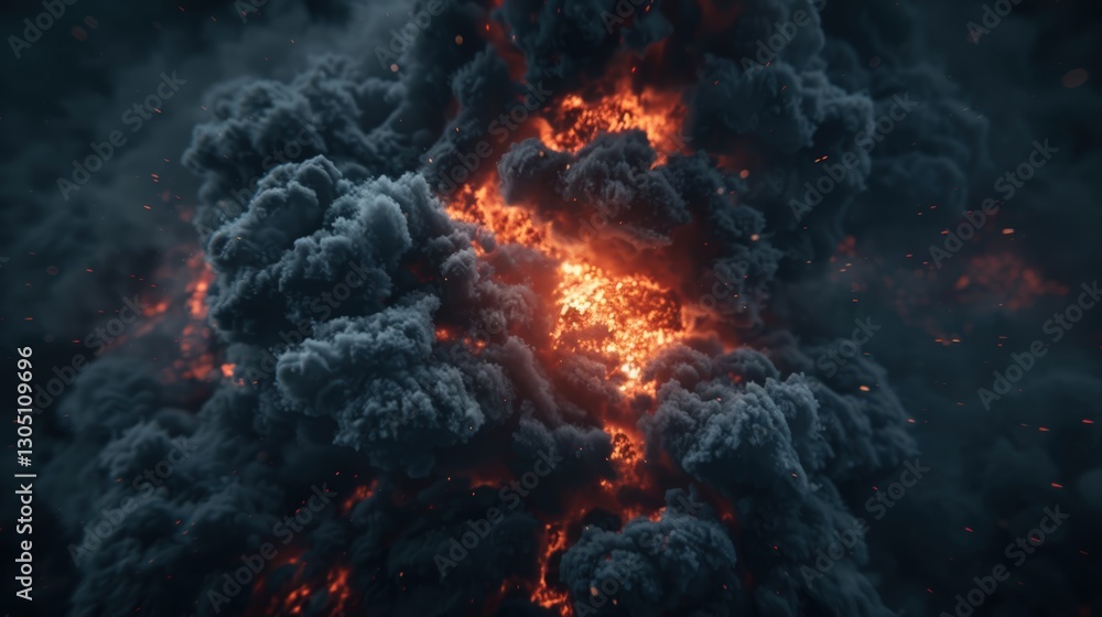 Fototapeta premium Dramatic explosion with fiery orange and dark smoke
