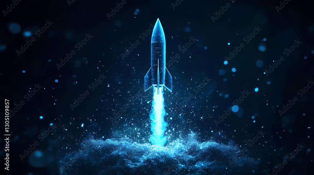 Fototapeta premium Blue Spaceship Launch in Deep Purple Space with Particle Effects