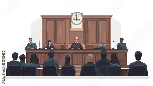 The image is a stylized illustration depicting a courtroom scene. The background features a dark wood paneled wall with a seal or emblem centered above the judge's bench.  A judge sits