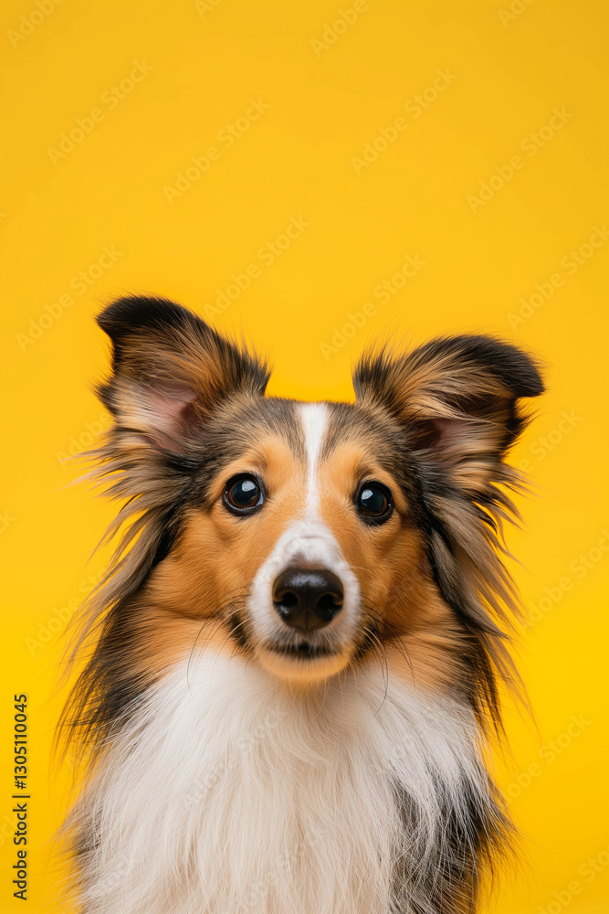 Fototapeta premium Shetland Sheepdog dog on minimalistic colorful background with Copy Space. Perfect for banners, veterinary ads, pet food promotions, and minimalist designs.