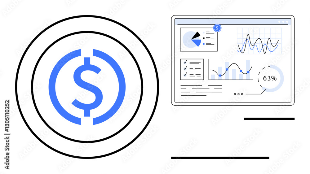 Dollar coin combined with digital analytics dashboard, showcasing charts, graphs, and financial data. Ideal for finance, investment, analytics, business economy growth accounting. Simple flat Dollar coin combined with digital analytics dashboard, showcasing charts, graphs, and financial data. Ideal for finance, investment, analytics, business economy growth accounting. Simple flat