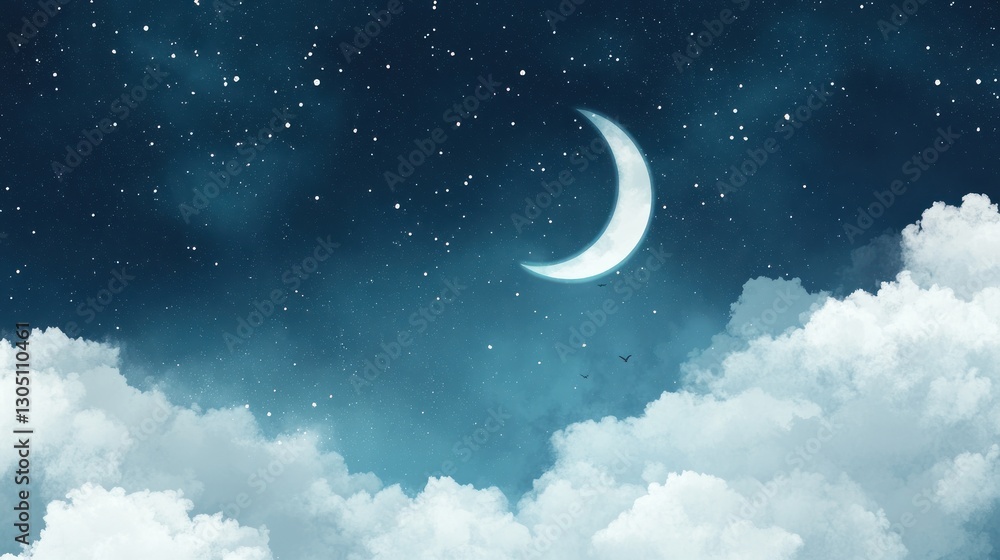 Naklejka premium Crescent Moon Night Sky Cloudscape Soft Dreamy Art