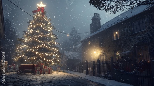 Charming Winter Wonderland Scene with Snow Covered Cottages and Twinkling Christmas Tree