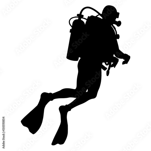 Silhouette of a Marine Researcher Diving Underwater – Person with Scuba Gear, Mask, Fins, and Oxygen Tank, Representing Underwater Exploration, Marine Biology, and Oceanic Research

