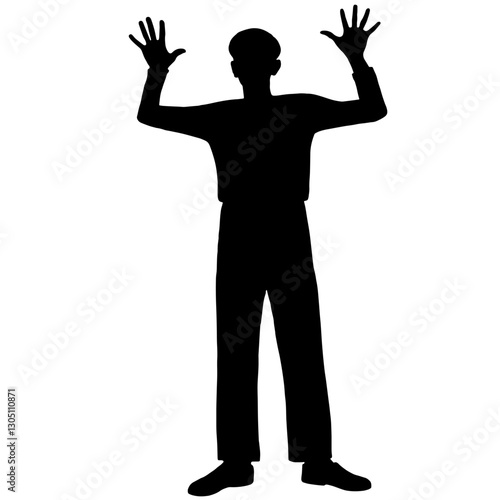 Silhouette of a Mime Artist – Person Standing with Arms Raised, Representing Silent Performance Art, Expression Through Movement and Gesture


