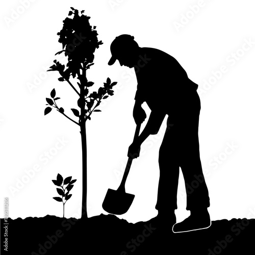 Silhouette of an Ecologist Planting a Tree – Environmental Activist Digging Soil, Holding a Shovel to Plant a Small Tree, Representing the Importance of Sustainability and Earth Conservation

