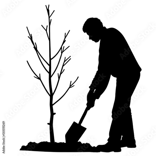 Silhouette of a Gardener Planting a Tree – Symbolizing Environmental Stewardship, Landscape Care, and the Act of Improving the Earth, Holding a Shovel Near a Young Tree

