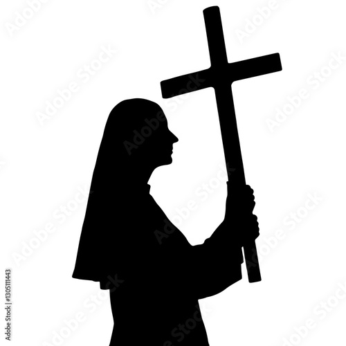 Silhouette of a Nun Holding a Cross – Representing Christian Faith, Spiritual Devotion, and the Religious Life of Obedience, Poverty, and Chastity, Profile View of a Nun

