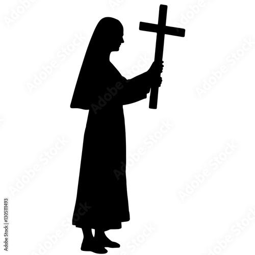 Silhouette of a Woman Holding a Cross – A Nun in Traditional Monastic Dress with Vow of Poverty, Chastity, and Obedience, Representing Spiritual Devotion, Faith, and Religious Life

