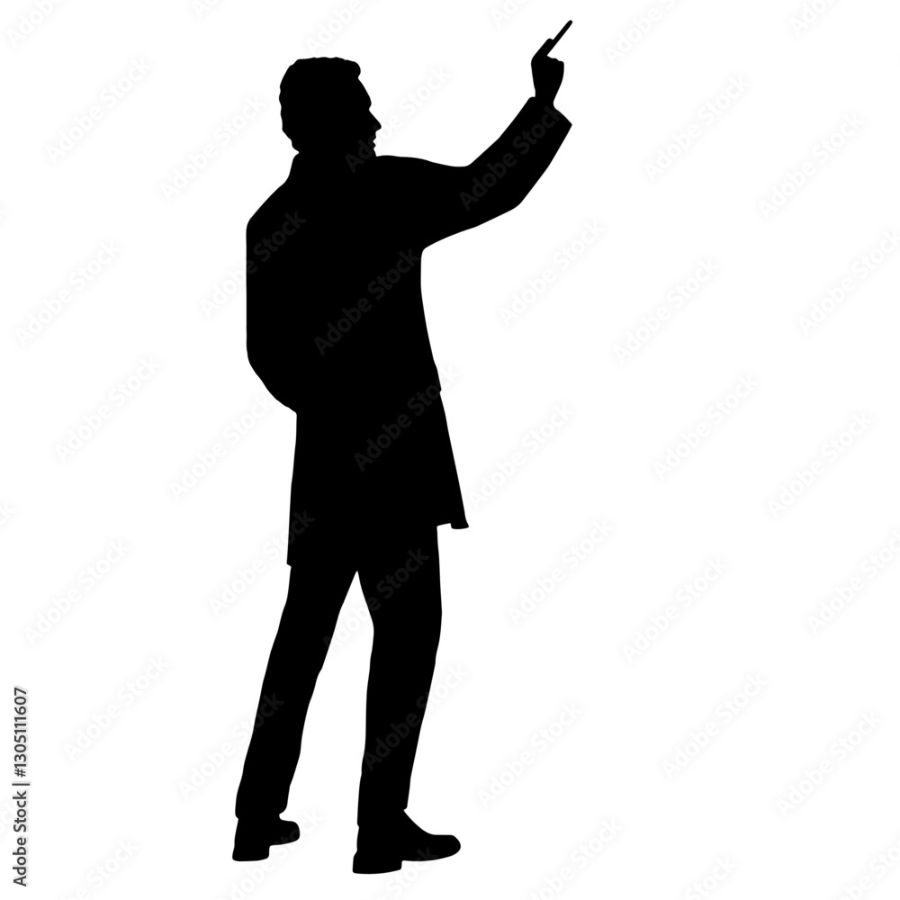 Silhouette of a man standing, raising his right arm, writing with a pen or chalk, symbolizing a professional lecturer or academic. Silhouette of a man standing, raising his right arm, writing with a pen or chalk, symbolizing a professional lecturer or academic.