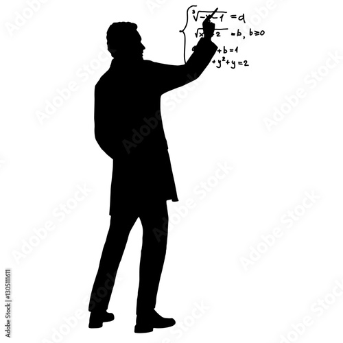 Silhouette of a physicist writing equations, depicting a professor teaching mathematics in an academic environment.