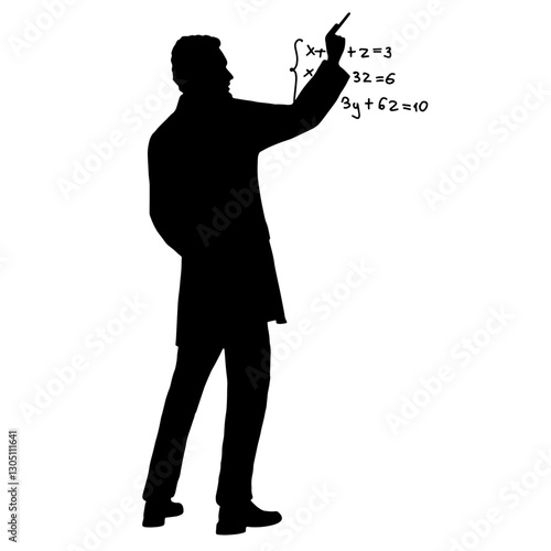 Silhouette of a physicist writing mathematical equations, representing scientific teaching and research in physics and mathematics.