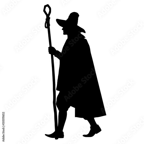 Silhouette of a pilgrim walking with a staff, depicted in profile in a cloak and wide-brimmed hat, representing spiritual journey and faith in motion.