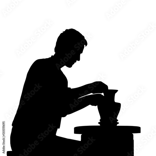Silhouette of a pottery artist shaping clay on a potter's wheel, illustrating the detailed process of crafting ceramic objects with focus and skill.