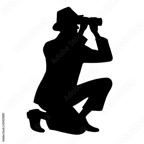 Silhouette of a private investigator spying through binoculars, representing detective work and surveillance in investigative professions.